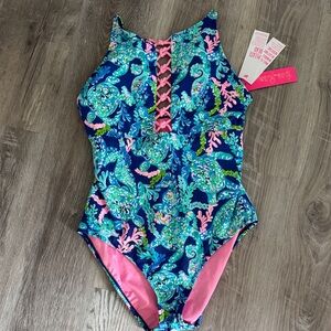 Lilly Pulitzer one piece swimsuit size 12 women’s Corsica blue turtle Ville  NWT